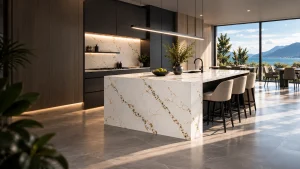 AVELITHA custom quartz kitchen countertops waterfall island fabrication